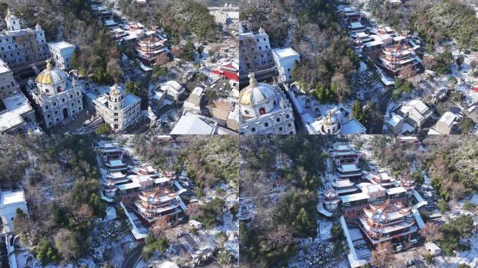 台州温岭大溪羊岗山镇东宫雪景航拍