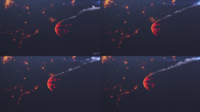 巨大的小行星在夜晚向地球大陆燃烧