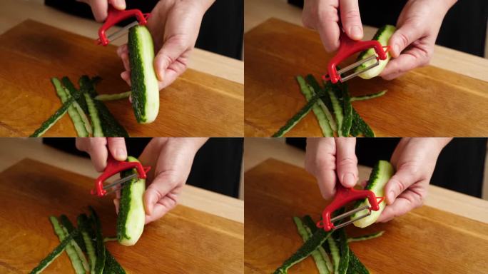 新鲜的黄瓜被切成小块用于烹饪。制作黄瓜菜