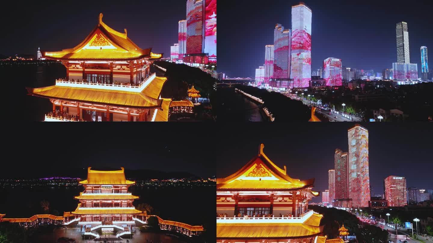 06湖南长沙杜甫江阁特写夜景航拍