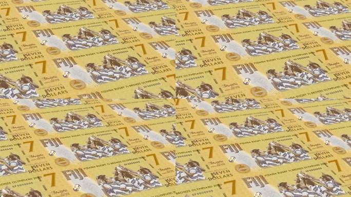 斐济7元钞票印钞厂，印刷7元钞票，印刷机印刷出斐济元，由货币印刷机印刷7元钞票观察和储备面-无缝循环