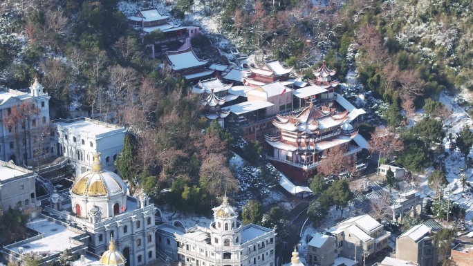 台州温岭大溪羊岗山镇东宫雪景航拍