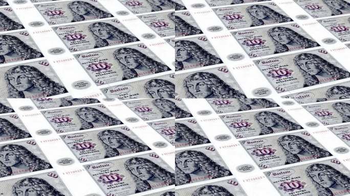 德国10号德国马克纸币印钞厂，印10号德国马克，印刷机印出德国马克，由货币印刷机印钞10号德国马克纸