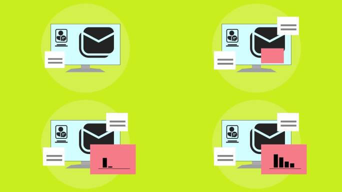 计算机与电子邮件通知用户配置文件和语音气泡图形动画绿色背景。绿色背景动画。