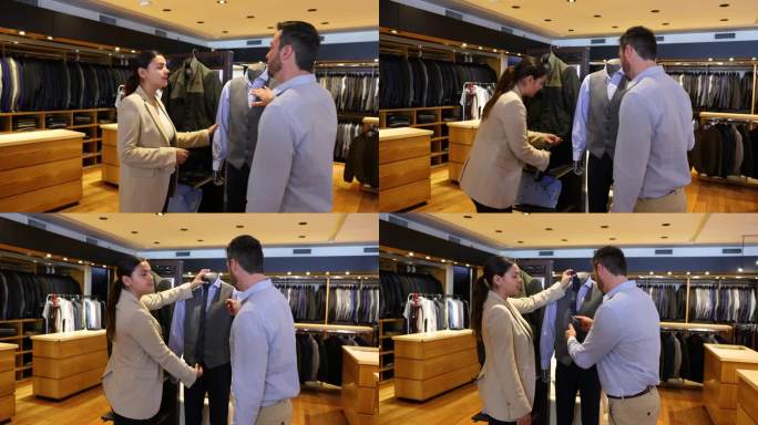 在一家男装精品店，女售货员和男顾客在模特身上试穿商务服装，为顾客寻找最好的选择