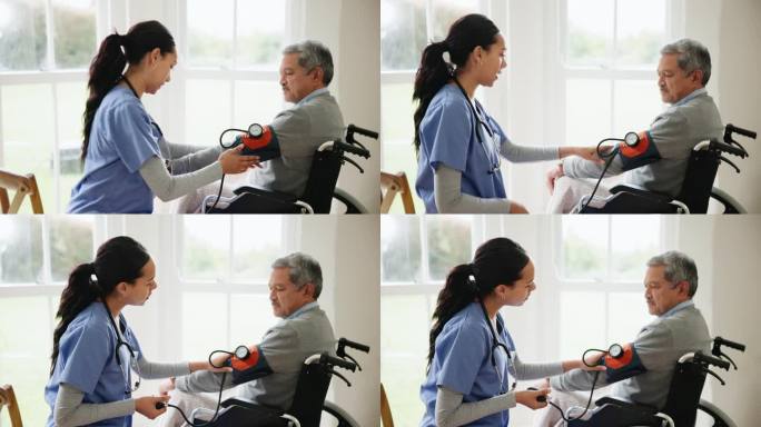 血压，护士和老年人在轮椅上的医疗护理，健康和服务。医疗保健、养老院和护理人员为心脏病学的残疾人配备心