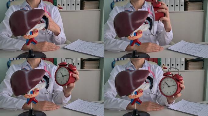 人体肝脏模型和带闹钟的医生