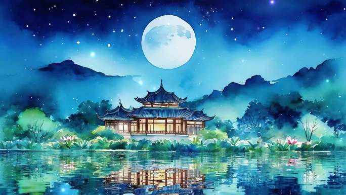 中式建筑古风背景圆月