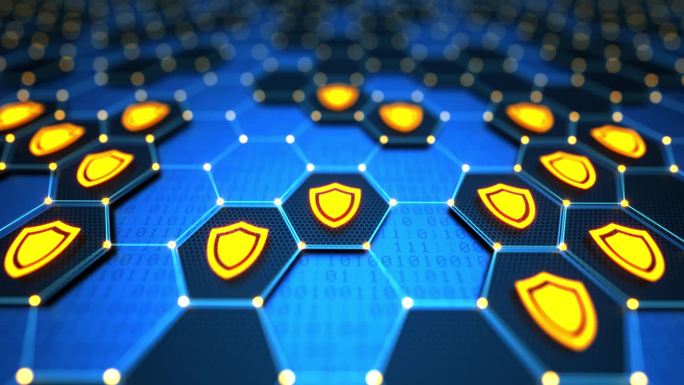 未来的数字技术背景与六角形元素，黄色发光的盾牌和二进制代码。加密你的数据。大数据安全。保护您的数据。