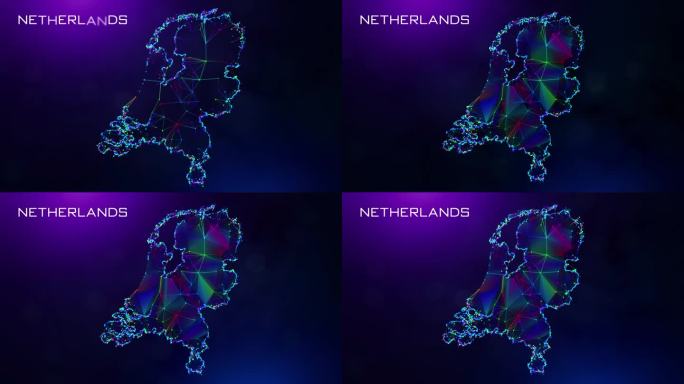 未来的甜蜜运动揭示荷兰地图多边形蓝紫色彩色连接线点和面线框网络与朦胧的散景文字