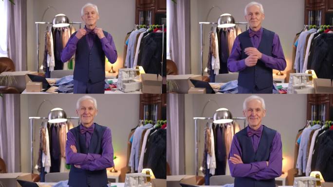 一位穿着紫色衣服、头发花白的时髦老人正整理着领结，双臂交叉地站在工作室中央