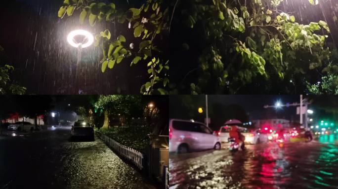 雷电夜 闪电城市上空夜晚下大雨 雨景城市