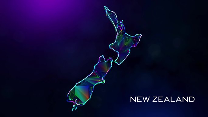 未来的甜蜜运动揭示新西兰地图多边形蓝紫色彩色连接线点和面线框网络与朦胧的散景背景上的文字