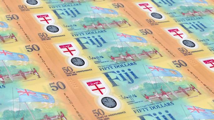 斐济斐济元50钞票印钞厂，印刷50斐济元，印刷机印刷出斐济元，由货币印刷机印刷50斐济元钞票观察和储