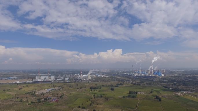 工业区航拍发电厂4K工厂烟囱鸟瞰