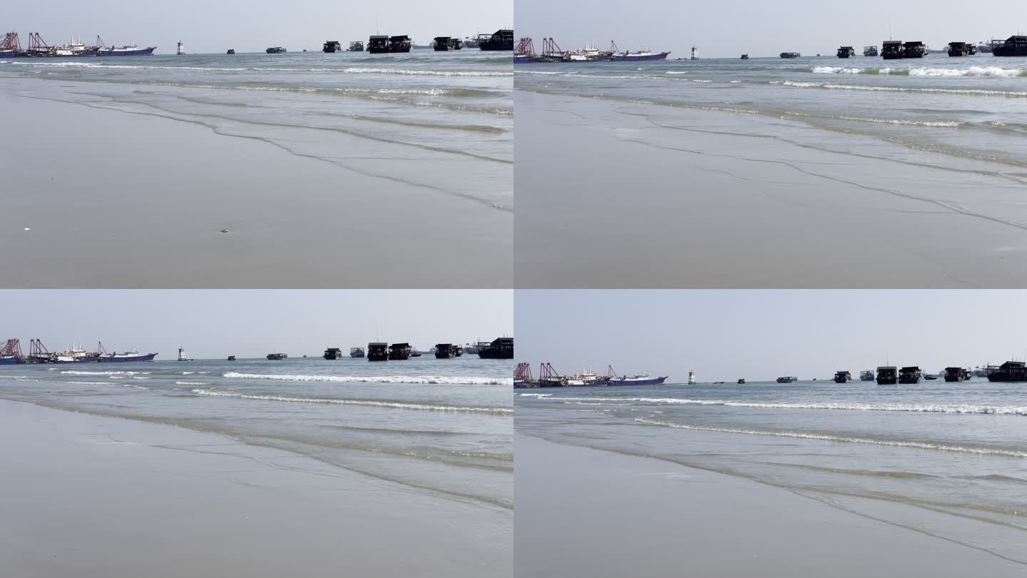 冬天的广西北海侨港海滩码头沙滩海浪渔船