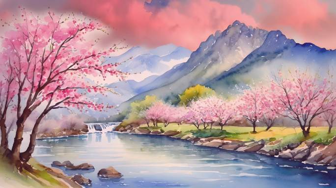 彩色水墨画樱花山体视频素材背景