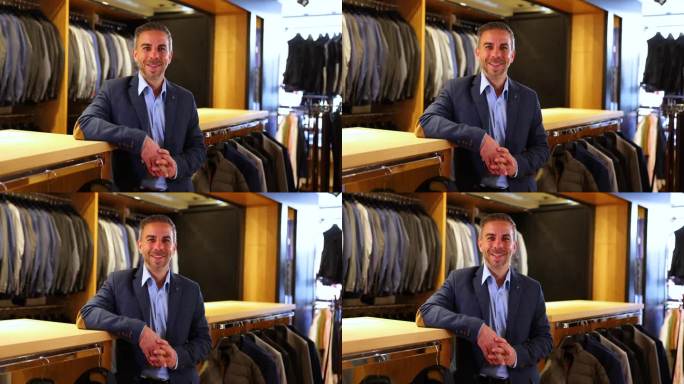 一段视频展示了一家男装店的快乐英俊男裁缝斜着胳膊肘对着镜头微笑