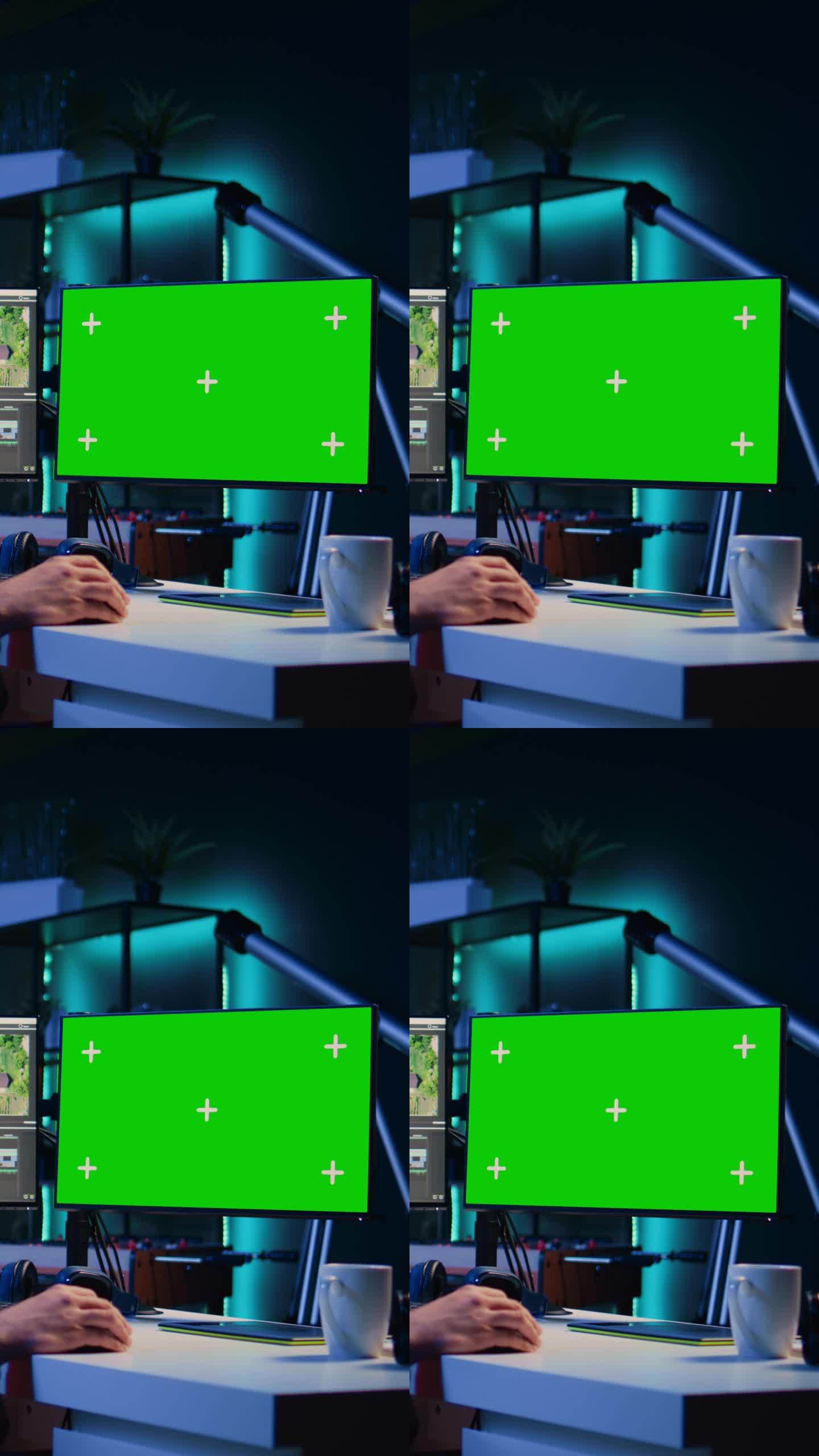 垂直视频编辑器使用绿色屏幕监视器上的视频编辑软件来升级镜头