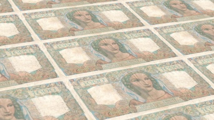法国法郎1000钞票印钞厂，印刷1000法郎，印刷机印刷出法国法郎，由货币印刷机印刷1000法郎钞票