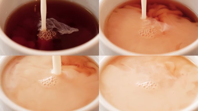 微距镜头捕捉到牛奶倒进咖啡杯，揭示了复杂的细节。简单但视觉上吸引人，描绘了这个日常的美。领袖有创造力