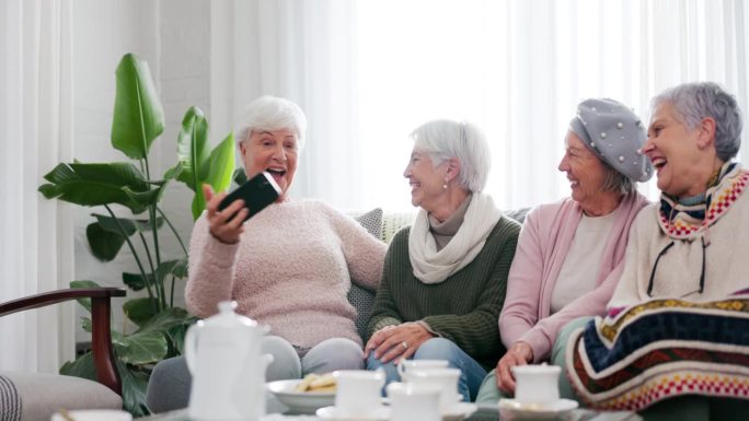 手机、自拍和年长的女性朋友在家里的客厅一起参加茶话会。微笑着，退休和一群老人一起坐在沙发上一边拍照