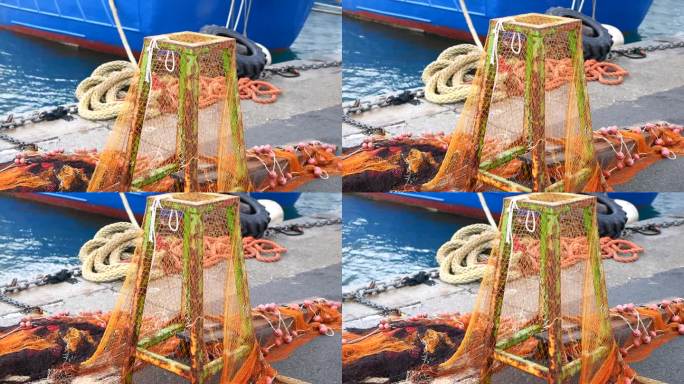 堆放商业鱼网和刺网，渔民码头