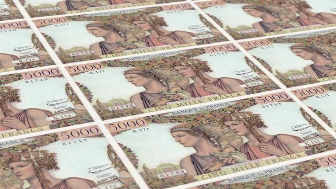 法国法郎5000钞票印钞厂，印刷5000法郎，印刷机印刷出法国法郎，由货币印刷机印刷5000法郎钞票