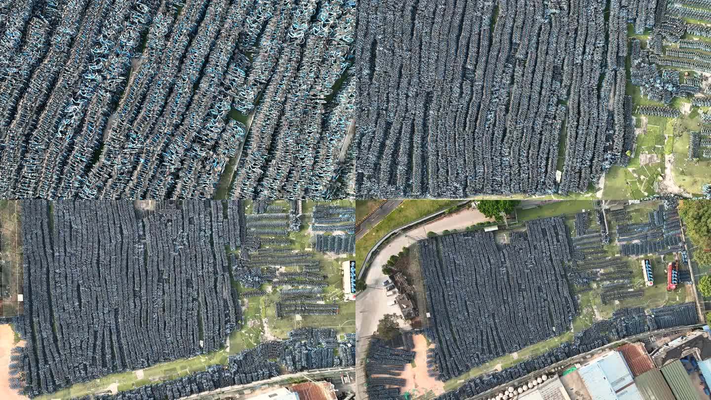 航拍深圳宝安区一废弃共享单车回收堆放场所