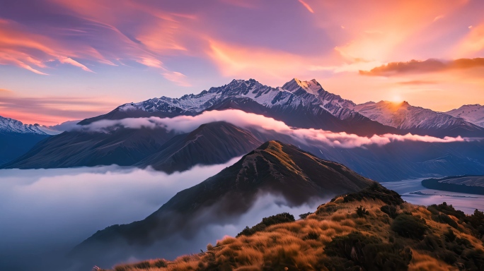 自然风景日落海边意境黄昏云层雪山海浪唯美