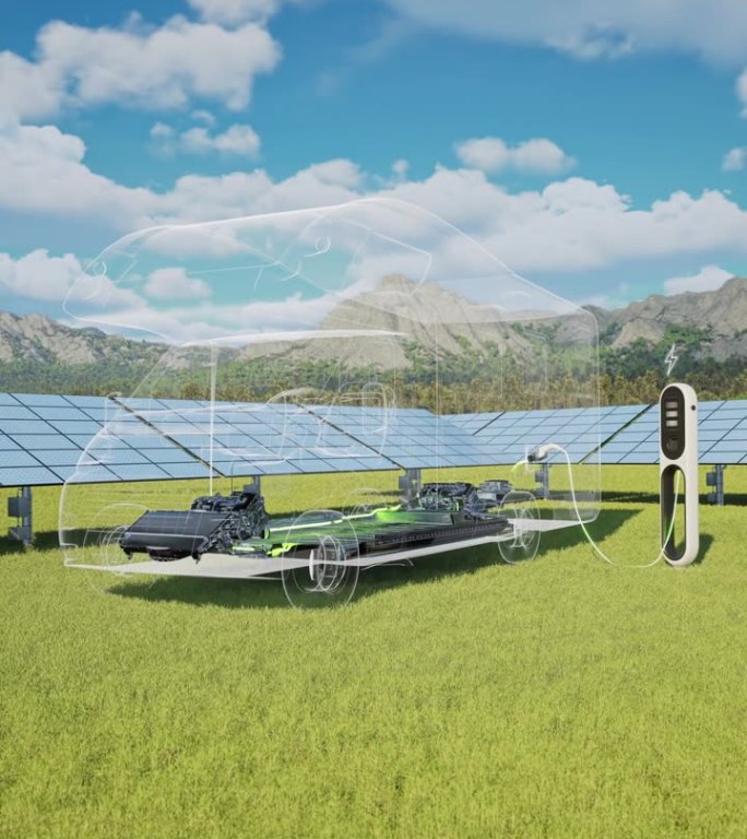 露营拖车充电的电动汽车充电站与太阳能电池板- 4K分辨率
