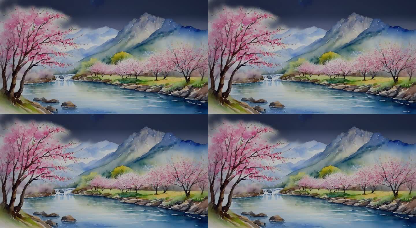 彩色水墨画樱花山体视频素材背景