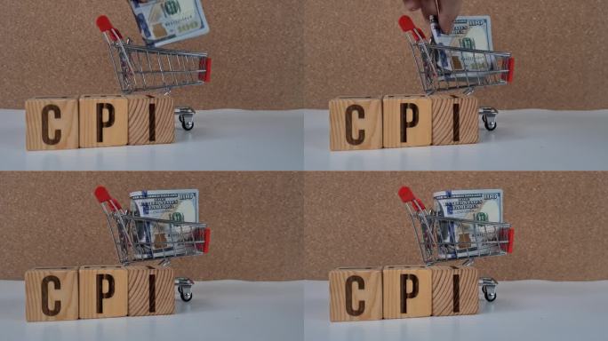 购物车里的美元和标有cpi字样的木块