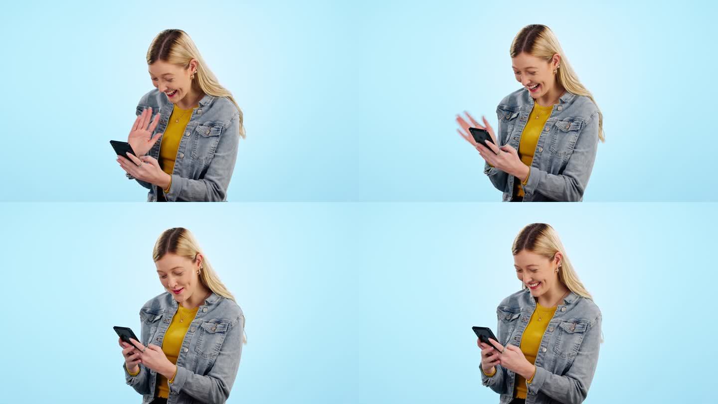 视频通话，女人和智能手机与波通信，你好和幸福在蓝色背景的工作室。电话，人和兴奋的脸交谈，嗨，与技术在