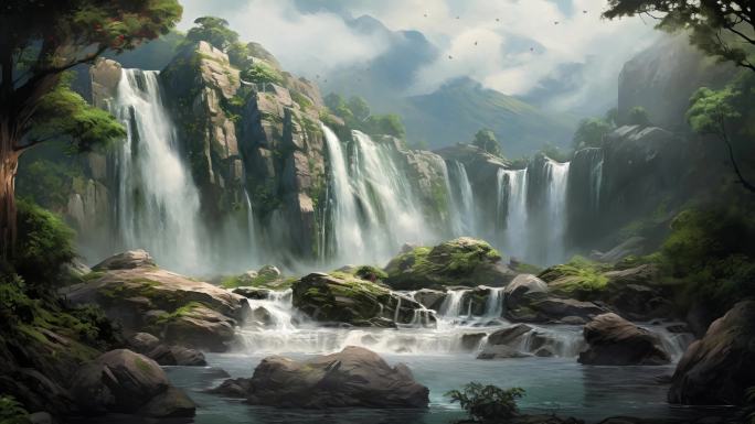 史诗森林溪水瀑布生态环境绘画风
