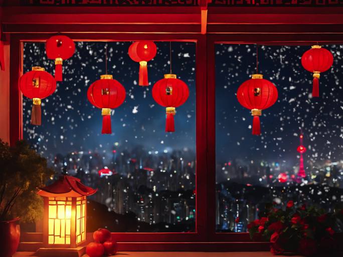 家温馨窗户温暖窗外下雪过年装饰灯笼新年