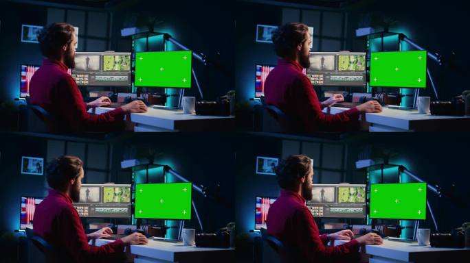 视频编辑器使用编辑软件在绿屏监视器上对镜头进行升级
