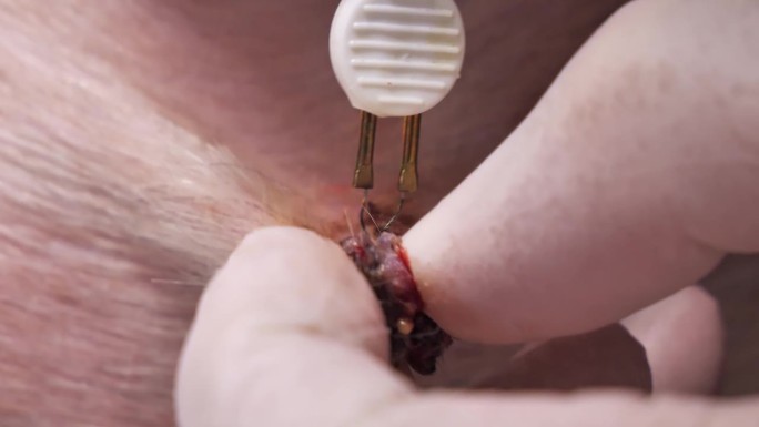 在兽医诊所里，外科医生用电刀切除动物的乳头状瘤。在手术中，医生切除狗身上的乳头状瘤。切除:从动物身上