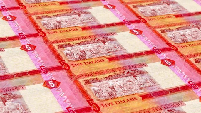 冈比亚5张冈比亚达拉西钞票印钞厂，印刷5张冈比亚达拉西钞票，印刷机印刷出冈比亚达拉西钞票，由货币印刷