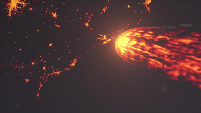 巨大的小行星在夜晚向地球大陆燃烧
