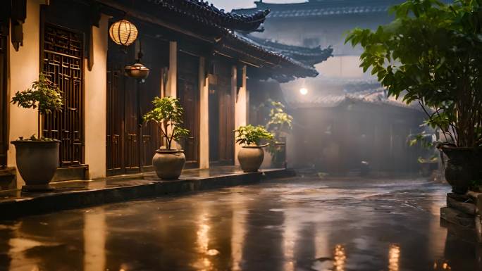 中式古代庭院夜晚下雨全景