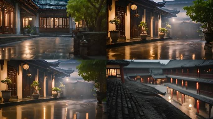 中式古代庭院夜晚下雨全景