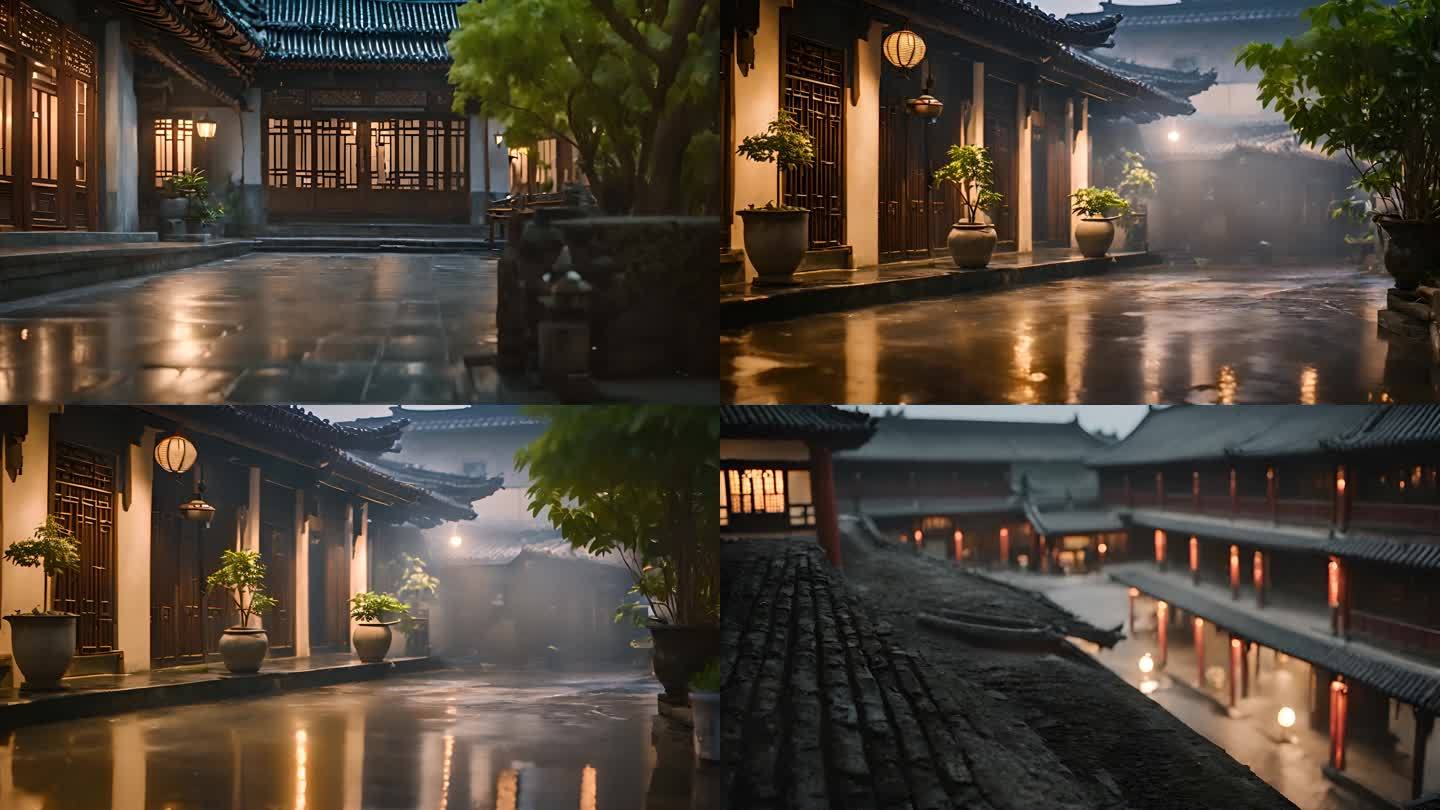 中式古代庭院夜晚下雨全景
