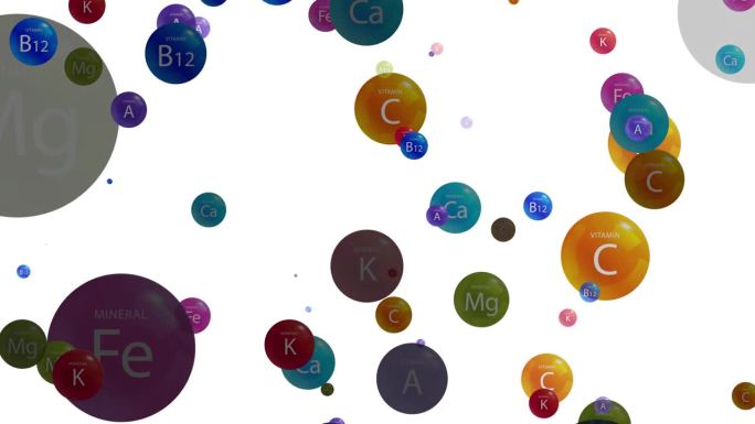 白色背景上的矿物原子粒子循环动画。一组漂浮的彩色矿物分子