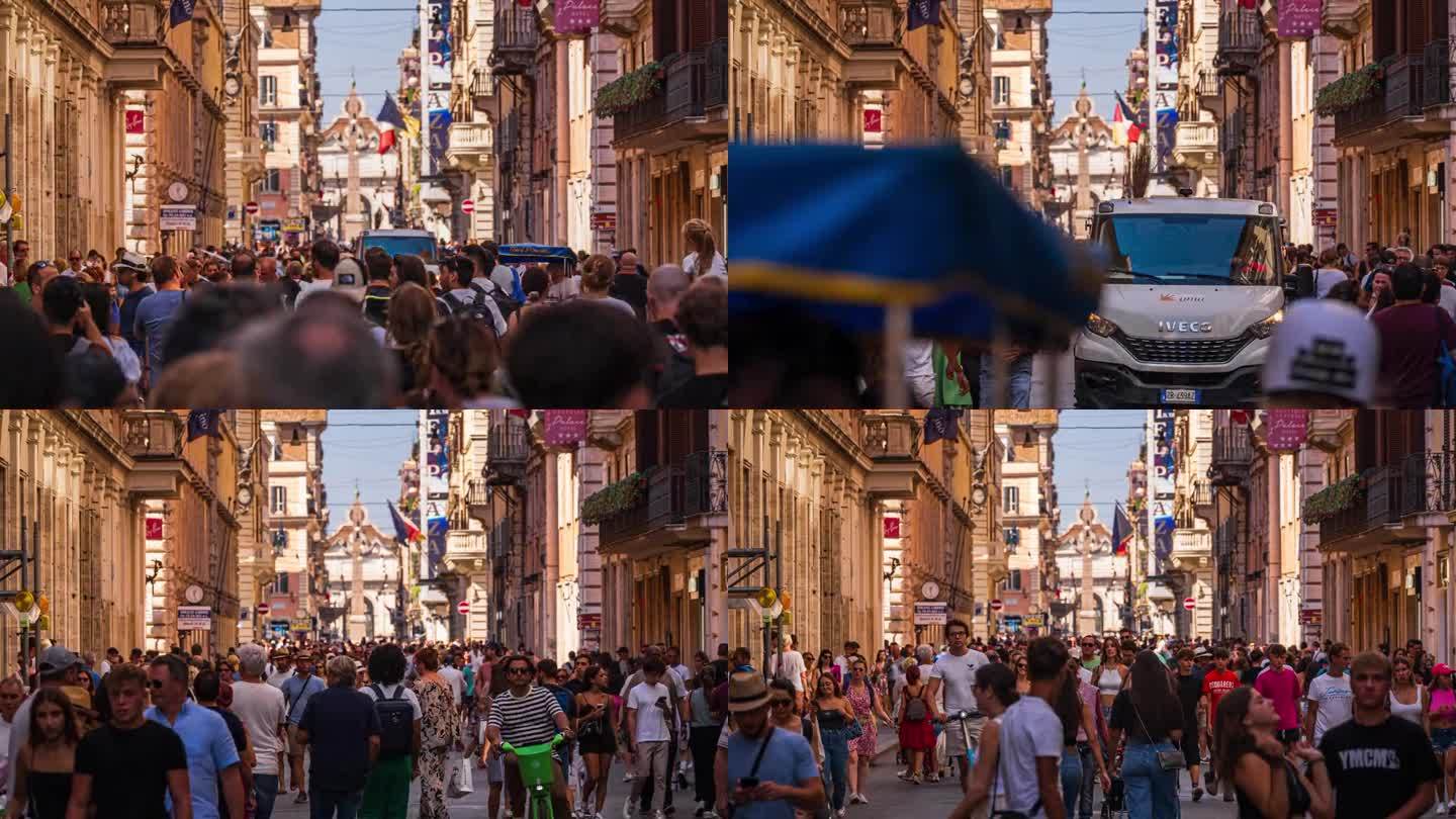 人们在Via del Corso著名的街道旅游散步和观光，这是罗马地区的购物街，可以看到维克多·伊曼