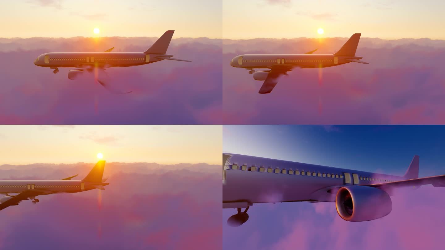 夕阳下逆光在云层上空飞行的民航飞机