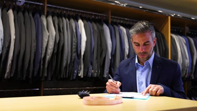 一位男裁缝在他的商务服装店检查衣架上的库存和一份文件