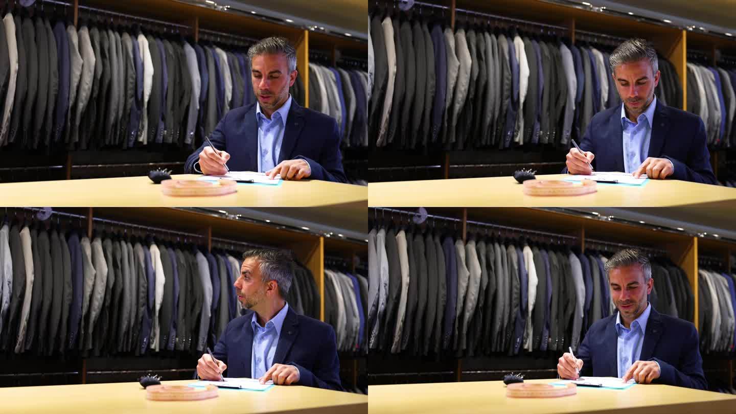 一位男裁缝在他的商务服装店检查衣架上的库存和一份文件
