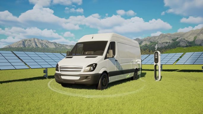 迷你面包车在带有太阳能电池板的电动汽车充电站充电- 4K分辨率