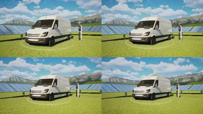 迷你面包车在带有太阳能电池板的电动汽车充电站充电- 4K分辨率